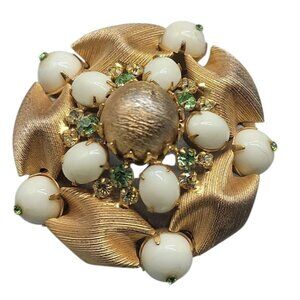 Alice Caviness Vintage 1950s Gold-Tone Brooch White Cabochons Green Rhinestones
